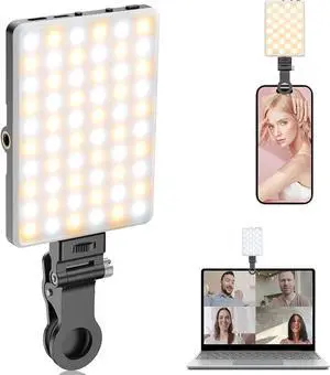 Portable Selfie Light Rechargable 60 LED PhoneLight with Clip & Double 1/4 Screw Hole 2500k-9000K Dimmable for iPhone Android Laptop Tablet Selfie/Video Conference