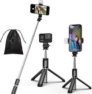 KOMI Selfie Stick Tripod with Fill Light,Stable Tripod Stand with Detachable Wireless Remote,Compatible with iPhone 15 Pro Max/15 Plus/14/13,GoPro, Samsung,LG,Google Smartphones(Black+Light)