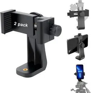 Cell Phone Tripod Mount Adapter (2 Pack), Universal Phone Holder Adjustable Clamp, 360 Degree Rotatable Bracket 1/4" Screw Clip for iPhone, Samsumg, Selfie Stick, Monopod