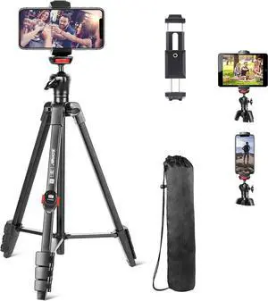 Cell Phone Tripod, 54 Aluminum Travel Selfie Stick Phone Stand Tripod for iPhone and Android Cellphone & Camera with Shutter,Cellphone Tablet Holder,Upgrade Ball Head and Carrying Bag