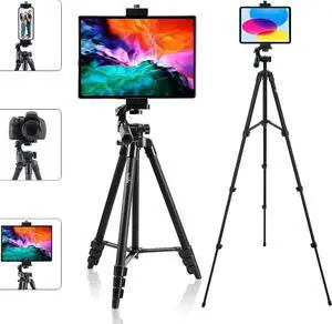 Tablet Tripod 53 inch Tripod for iPad Aluminum Smartphone Tripod for iPhone iPad Pro Camera Mobile Phone Lightweight Travel Selfie Stand Tripod Black