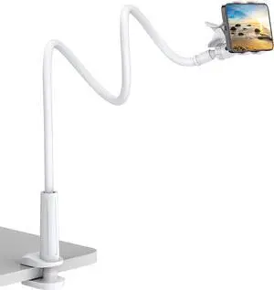 Gooseneck Cell Phone Holder, Universal 360 Flexible Phone Stand Lazy Bracket Mount Long Arms Clamp for Phone 13 Pro Xs Max XR X 8 7 6 6s Plus and Other 3.5~6.7'' Device (White)
