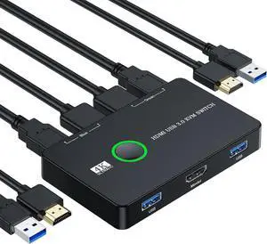 HDMI USB 3.0 Switch 2 Port Box, KVM Switch for 2 Computers Share One Monitor Keyboard Mouse and Printer, Support UHD 4K@60Hz, with 2 USB Cable and 2 HDMI Cable