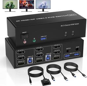 USB 3.0 HDMI + 2 DisplayPort KVM Switch 3 Monitors 2 Computers, 4K@60Hz Triple Monitor KVM Switch for 2 Computers Share 3 Monitors with 3 USB 3.0 Ports and Audio Microphone, Keyboard Mouse Switcher