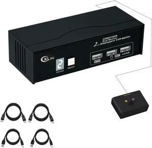 CKLau 2 Port Displayport KVM Switch Dual Monitor 4K60Hz 2K144Hz with Cables, USB 2.0 Hub, Digital Display for 2 Computers Sharing Keyboard Mouse Video