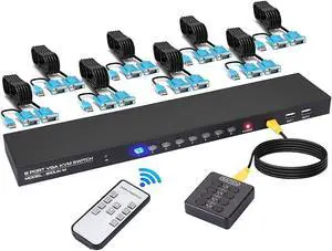 VGA KVM Switch 8 Port, 8 in 1 Out VGA USB KVM Switch 1080P HD Resolution with IR Remote & Wired Desktop Controller & 8 VGA KVM Cables VGA KVM Switch 8 Port, 8 in 1 Out VGA USB KVM Switch 1080P HD Resolution with IR Remote & Wired Desktop Controller & 8 VGA KVM Cables
