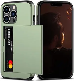 Nvollnoe for iPhone 13 Pro Case with Card Holder Heavy Duty Protective Dual Layer Shockproof Hidden Card Slot Slim Wallet Case for iPhone 13 Pro for Men&Women(Green)