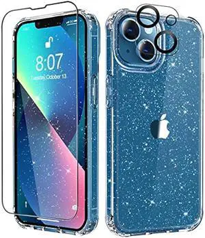 MIODIK for iPhone 13 Case with Screen Protector + Camera Lens Protector, Clear Glitter Shockproof Protective Phone Case, [Non Yellowing] Women Girls iPhone 13 Cover 6.1 inch 2021 - Twinkle Clear