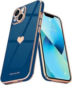 Teageo Compatible with iPhone 13 Case for Girl Women Cute Love-Heart Luxury Bling Plating Soft Back Cover Raised Camera Protection Bumper Silicone Shockproof Phone Case for iPhone 13, Royal Blue