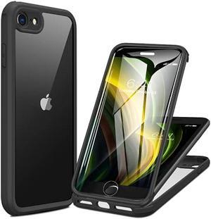 Miracase iPhone SE Case 2020 2022/ iPhone 8 Case, Full-Body Glass Back with Built-in Glass Screen Protector, Rugged iPhone SE Phone Case 3rd Generation/ 2nd Gen, Clear Hard Cover Bumper for SE, Black