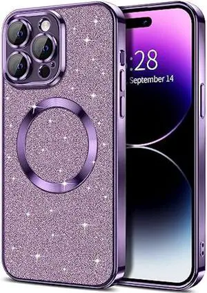 Hython for iPhone 14 Pro Max Case Glitter, Clear Magnetic Phone Cases with Camera Lens Protector [Compatible with MagSafe] Bling Sparkle Plating Soft TPU Slim Shockproof Protective Cover Women-Purple
