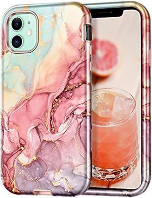 CASEFIV Compatible with iPhone 11 Case,Marble Pattern 3 in 1 Heavy Duty Shockproof Full Body Rugged Hard PC+Soft Silicone Drop Protective Women Girls Cover for iPhone 11 6.1 inch, Rose Gold