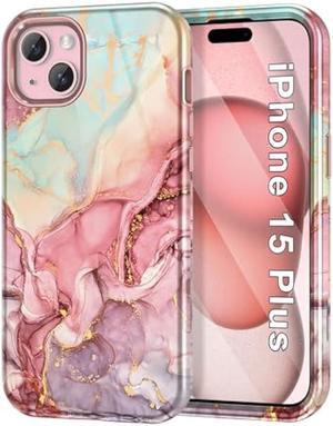 Btscase for iPhone 15 Plus Case 6.7 inch (2023), Marble Pattern 3 in 1 Heavy Duty Shockproof Full Body Hard PC+Soft Silicone Drop Protective Women Girls Cover for iPhone 15 Plus, Rose Gold
