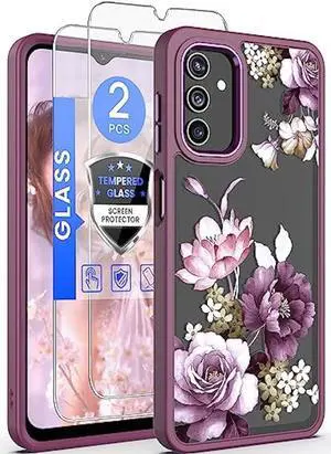 Dretal for Samsung A13 5G Case, Galaxy A13 5G Case + Tempered Glass Screen Protector,Military Grade Drop Tested Hard Back & Soft Edge Slim Flower Women Girls Protective Cover for A13 4G (Purple)