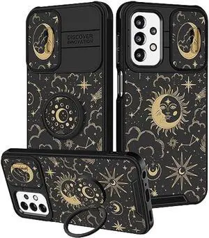 Funermei (2in1 for Samsung Galaxy A23 5G Case Sun Moon Women Girls Cute Phone Cover Pretty Space Aesthetic Sun and Moon Stars Design with Camera Cover and Ring Stand for Galaxy A23 5G/4G Case