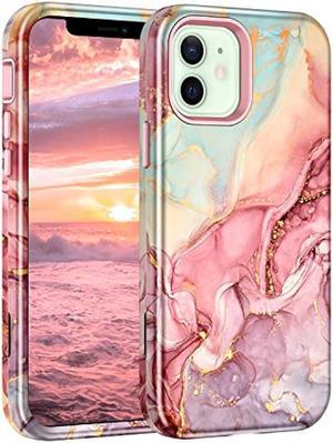 Btscase for iPhone 12 Case/iPhone 12 Pro Case, Heavy Duty Three Layer Marble Shockproof Full Body Rugged Hard PC+Soft TPU Bumper Drop Protection Women Girls Cover for iPhone 12/12 Pro, Rose Gold
