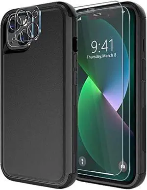 Diverbox for iPhone 13 Case [Shockproof] [Dropproof] [Tempered Glass Screen Protector + Camera Lens Protector],Heavy Duty Protection Phone Case Cover for Apple iPhone 13 (Black)
