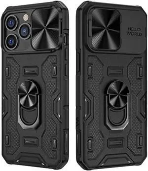 VEGO for iPhone 14 Pro Max Case, iPhone 14 Pro Max Kickstand Case with Slide Camera Cover Built-in 360° Rotate Ring Stand Magnetic Shockproof Phone Cover Case for iPhone 14 Pro Max 6.7 2022 - Black