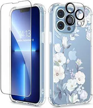 GVIEWIN for iPhone 13 Pro Case with Screen Protector & Camera Lens Protector, [10FT Military Grade Drop Protection] Clear Shockproof Slim Fit Floral Phone Case for Women Girls 6.1 (Hibiscus)