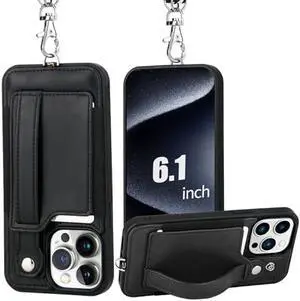 TOOVREN Phone Case Compatible with iPhone 15 Pro Wallet Case for iPhone 15 Pro Case with Card Holder Stand Strap Kickstand Leather Case Fits iPhone 15 Pro Lanyard Case for Women & Men 6.1 inch Black