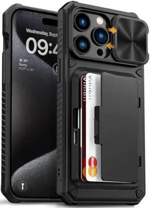 Vihibii for iPhone 15 Pro Max Case with Card Holder (4 Cards) & Slide Camera Cover & Kickstand, Military Grade Drop Protection, Rugged Hard Back & Silicone Edge Wallet Phone Case, 6.7 2023, Black