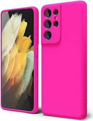 oakxco for Samsung Galaxy S21 Ultra Phone Case Liquid Silicone, Fluorescent Bright Solid Color, Cute Thin Slim Soft Rubber TPU Plain Smooth Gel Matte Protective Cover for Women Girl, Fuchsia Hot Pink