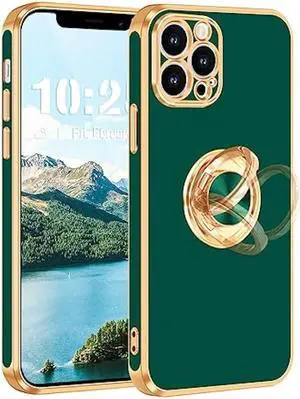 Fingic iPhone 12 Pro Case,iPhone 12 Pro Phone Case with Stand Ring Holder,360° Rotatable Magnetic Kickstand Shiny Plating Gold Edge Slim Soft TPU Shockproof Protective Cover Women Men,Midnight Green