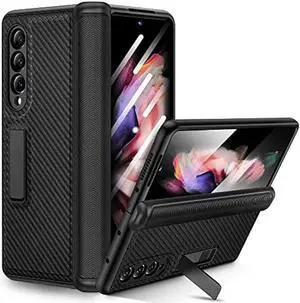 Ruky Kickstand Case for Galaxy Z Fold 3, Hinge Protection & Built-in Screen Protector, Full Body Case PU Leather Stand Phone Case for Samsung Galaxy Z Fold 3 5G, Carbon Fiber