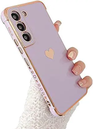 phylla Compatible with Samsung Galaxy S21 FE 6.4 5g Phone Case Luxury Plating Cute Love Heart Side Small Pattern Case Full Camera Protection Soft Silicone Shockproof Bumper Cover (Purple)