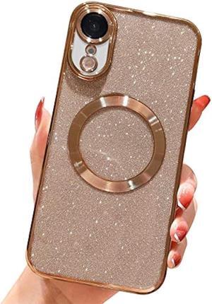 Jefonha for iPhone XR 6.1 Magnetic Glitter Case, [Compatible with Magsafe] Cute Luxury Plating Bling Clear Phone Case, Full Camera Lens Protector Anti-Scratch Shockproof Protective Case Women-Gold