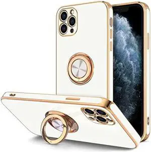 Hython Case for iPhone 11 Pro Max Case with Ring Stand [360°Rotatable Ring Holder Magnetic Kickstand] [Shiny Plated Rose Gold Edge] Soft TPU Cover Luxury Protective Phone Case for Women Men, White