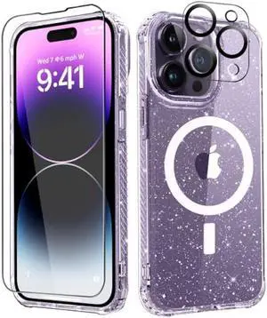 MIODIK Magnetic Glitter Case for iPhone 14 Pro with Screen Protector + Camera Protector, [Compatible with MagSafe] [Non-Yellowing] Shockproof Protective Slim Women Bumper Phone Cover 6.1 (Clear)