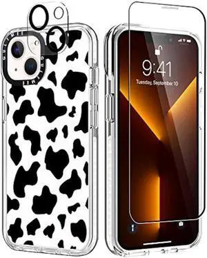 GULTMEE [3 in 1 Designed for iPhone 13 Case Cow Print with Built-in Bumper Shockproof Protective Phone Case Cover for iPhone 13 Cases 6.1 Tempered Glass Screen Protector + Camera Lens Protector