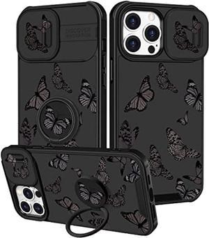 Funermei 2in1 for iPhone 12 Pro Max Case for Women Butterfly Cute Girls Phone Cover Girly Pretty Aesthetic Black Butterfly Design with Camera Cover and Ring Stand Funda for Apple 12 Pro Max Case