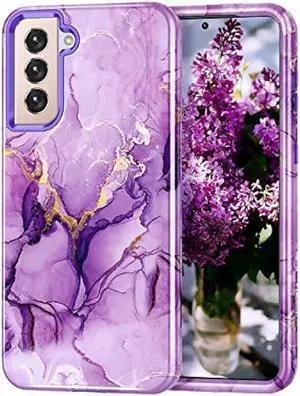Lamcase for Galaxy S21 5G Case, Heavy Duty Shockproof Hybrid Hard PC Soft TPU Bumper Three Layer Drop Protection Anti-Fall Cover Phone Case for Samsung Galaxy S21 5G 6.2 inch 2021, Purple Marble