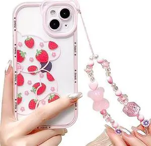 NITITOP Compatible for iPhone 13 Case Cute Bear Clear Floral Flower for Girls Women Pattern with Bear Ears Soft TPU Shockproof Protective Girly-Strawberry Bear