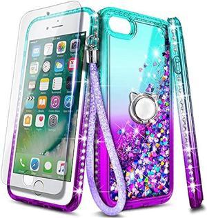 NGB Compatible for iPhone 8 Plus Case iPhone 7 Plus 6 Plus 6S Plus with Tempered Glass Screen Protector Ring Holder Girls Women Kids Liquid Bling Sparkle Glitter Cute Case AquaPurple