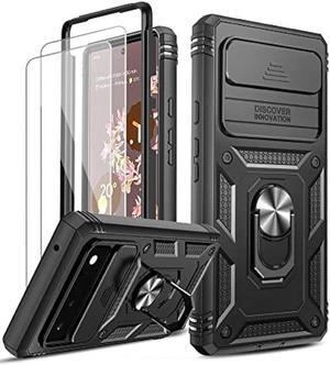 LeYi for Google Pixel 6 Case: Phone Case for Pixel 6 with Slide Camera Cover + [2 Packs] Tempered Glass Screen Protector, Full Body Military-Grade Heavy Duty Shockproof Ring Holder Stand Case: Black