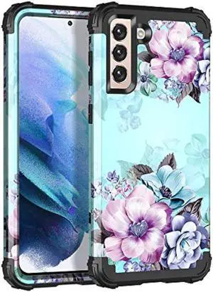 Casetego Compatible with Galaxy S21 5G Case,Floral Three Layer Heavy Duty Sturdy Shockproof Full Body Protective Cover Case for Samsung Galaxy S21 5G 6.2 inch,Blue Flower