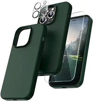TOCOL [5 in 1 for iPhone 14 Pro Max Case, 2 Screen Protector + 2 Camera Lens Protector, Slim Liquid Silicone Phone Case 14 Pro Max 6.7 Inch, [Anti-Scratch] [Drop Protection], Alpine Green