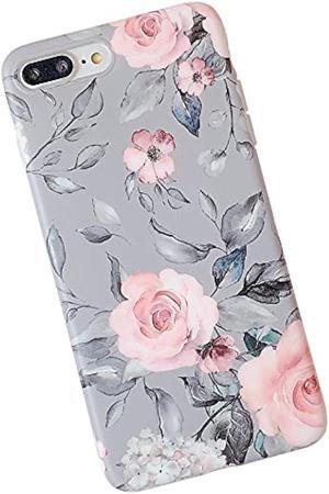 YeLoveHaw iPhone 8 Plus / 7 Plus Case for Girls, Flexible Soft Slim Fit Full-Around Protective Cute Phone Case Cover with Purple Floral and Gray Leaves Pattern for iPhone 7Plus / 8Plus (Pink Flowers)