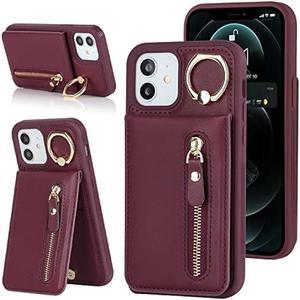 DEYHU iPhone 12 pro Case with Card Holder for Women, iPhone 12 pro Phone Case Wallet with Credit Card with Ring Kickstand Zipper Shockproof Slim Stand Case for iPhone12pro - Red Wine
