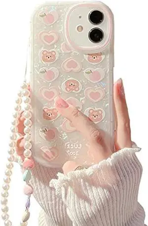 Fycyko Compatible for iPhone 12 Case Cover Cute Women,Bear Love Heart Pattern with Pearl Strap Bracelet Chain Sparkly Phone Case Camera Protect