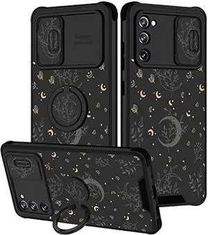 Goocrux (2in1 for Samsung Galaxy S20 FE 5G Case Moon Plants for Women Girls Cute Phone Cover Flower Heart Stars Space Design with Slide Camera Cover+Ring Holder Fashion Black Cases for S20FE 6.5''