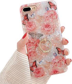 Qokey Case for iPhone 8 Plus/ 7 Plus 5.5 inch Flower Cute Cover for Women Girls 360 Degree Rotating Ring Stand Kickstand Soft TPU Shockproof Rose Butterfly