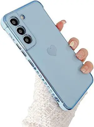 phylla Design for Samsung Galaxy S22 Plus/S22+ Phone Case,Cute Love Heart Luxury Gold Plating Edge Case for Women Men Camera Protection Shockproof Bumper with Side Small Heart Pattern (Blue)