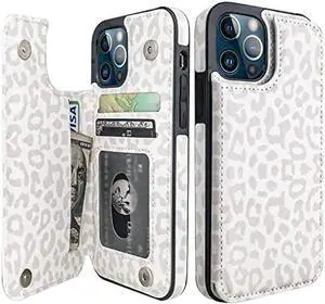 HAOPINSH for iPhone 12/12 Pro Wallet Case with Card Holder, White Leopard Cheetah Pattern Back Flip Folio PU Leather Kickstand Card Slots Case for Women Girls, Double Magnetic Shockproof 6.1