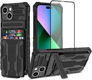 THMEIRA Compatible with iPhone 15 Case with Wallet Card Holder, Built-in Stand & Screen Protectors, Full Body Shockproof Protection Phone Case for iPhone 15 (6.1 Inch) 2023, Black