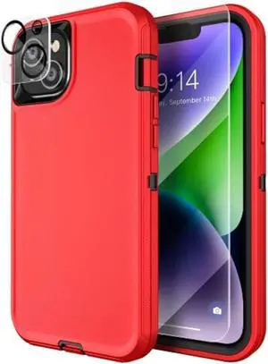 MXX Heavy Duty Case for iPhone 14 Plus, with Tempered Glass Screen Protector,Camera Lens Protector 3-Layer Full Body Protection Cover Shockproof DustProof, for 6. 7 inch 2022 (Red/Black)
