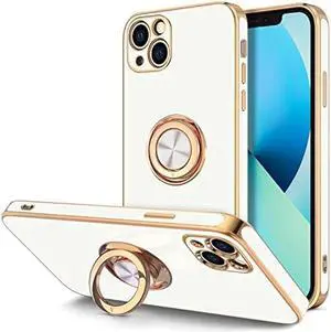 Hython Case for iPhone 13 Case with Ring Stand [360°Rotatable Ring Holder Magnetic Kickstand] [Plated Rose Gold Edge] Slim Soft TPU Cover Luxury Protective Phone Case for Women Men, White